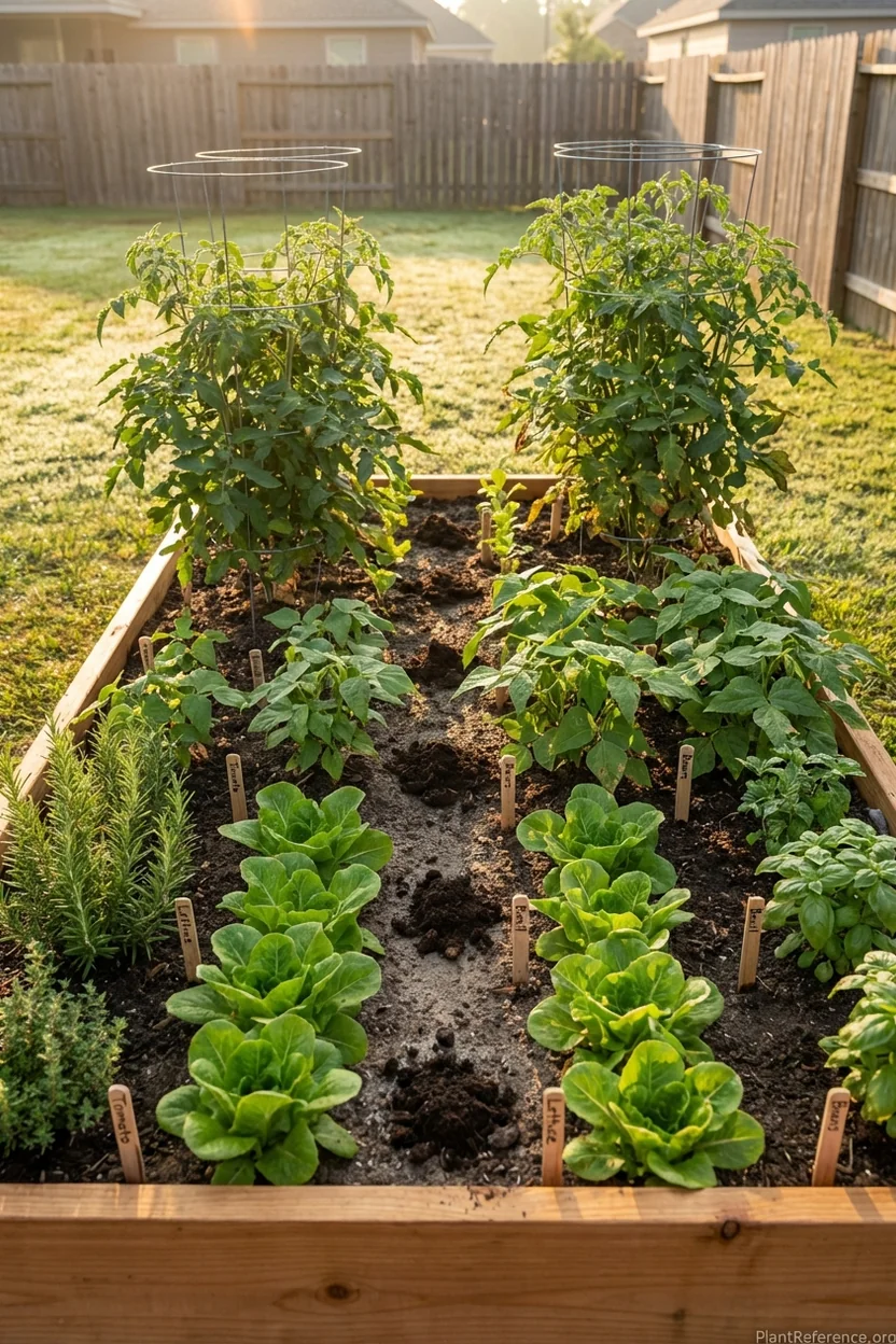 Organized raised bed garden showing efficient layout with tomatoes, lettuce, herbs, and other vegetables growing together
