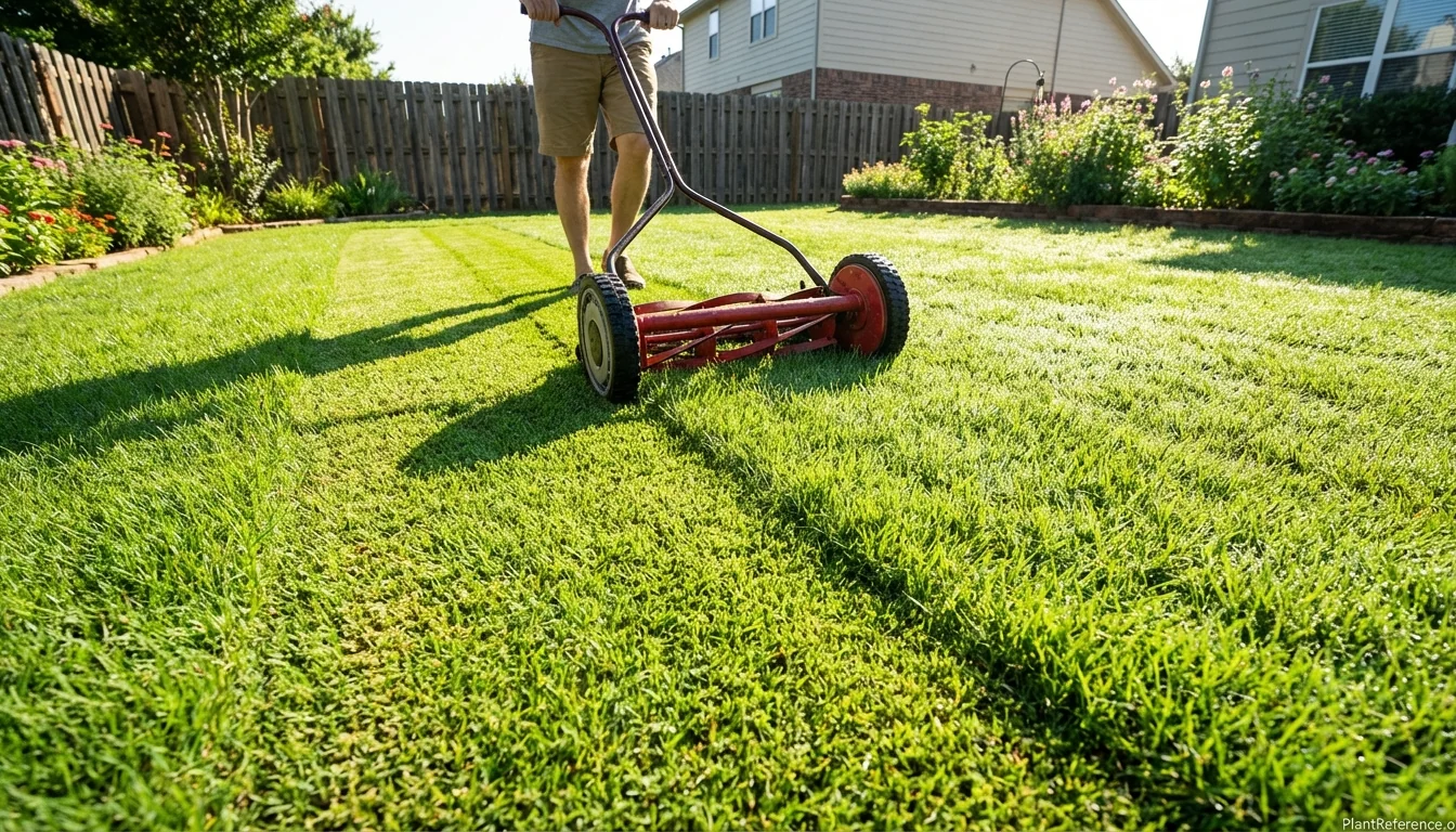 Reel mower cutting bermudagrass lawn at 1 inch height showing clean scissor cut quality