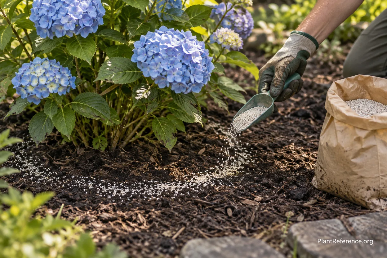 Gardener sprinkling soil acidifier granules around a blue hydrangea