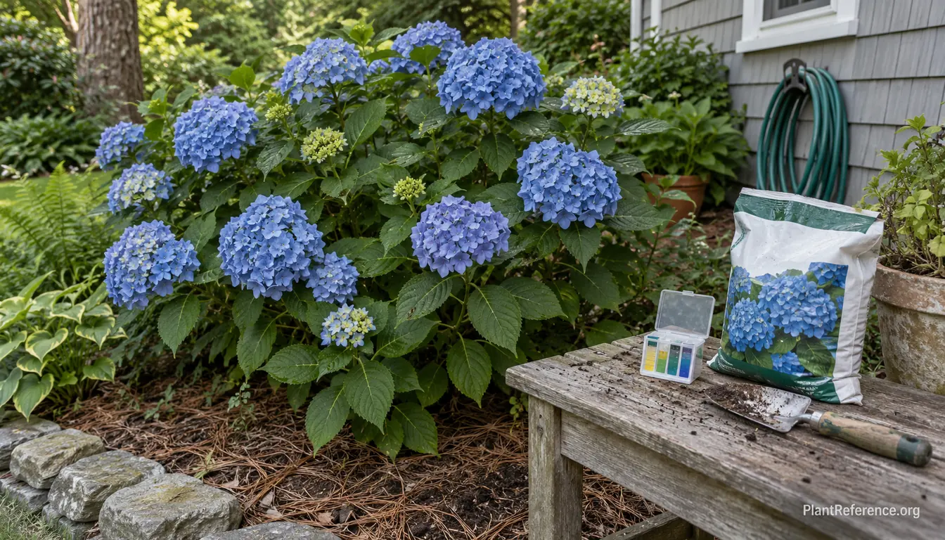 Blue hydrangea blooms beside soil amendments used to make hydrangeas blue
