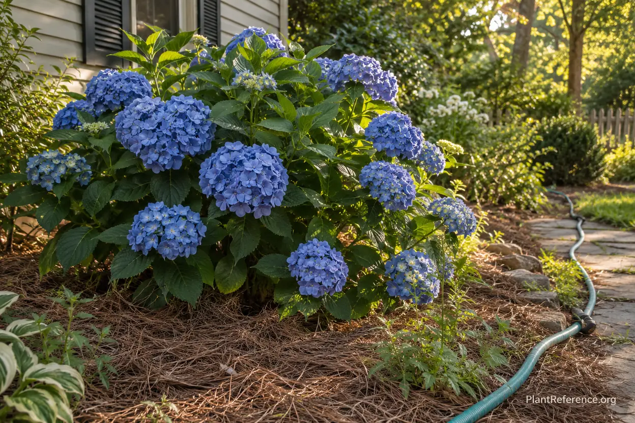 Mature blue hydrangea in full bloom surrounded by pine straw mulch
