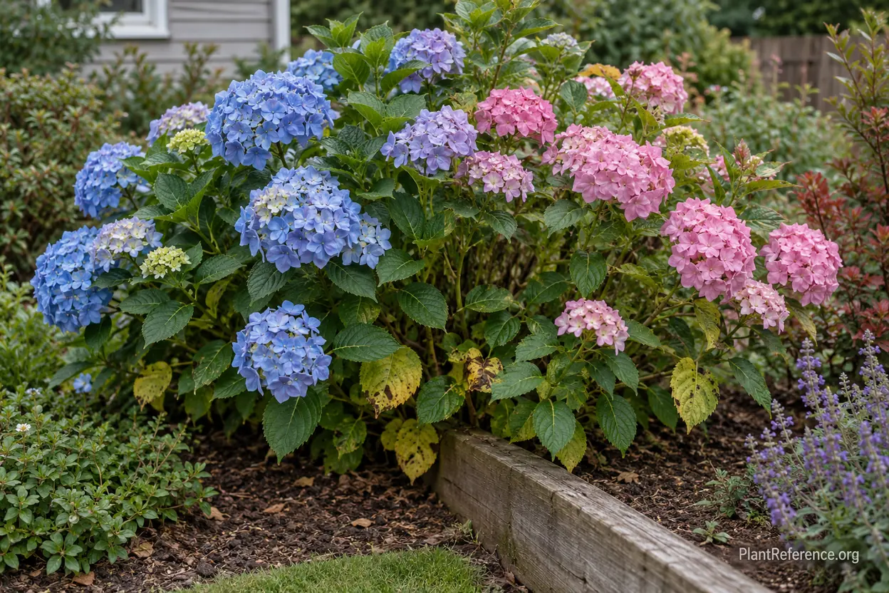 Blue and pink hydrangea flowers showing the effect of soil pH on color