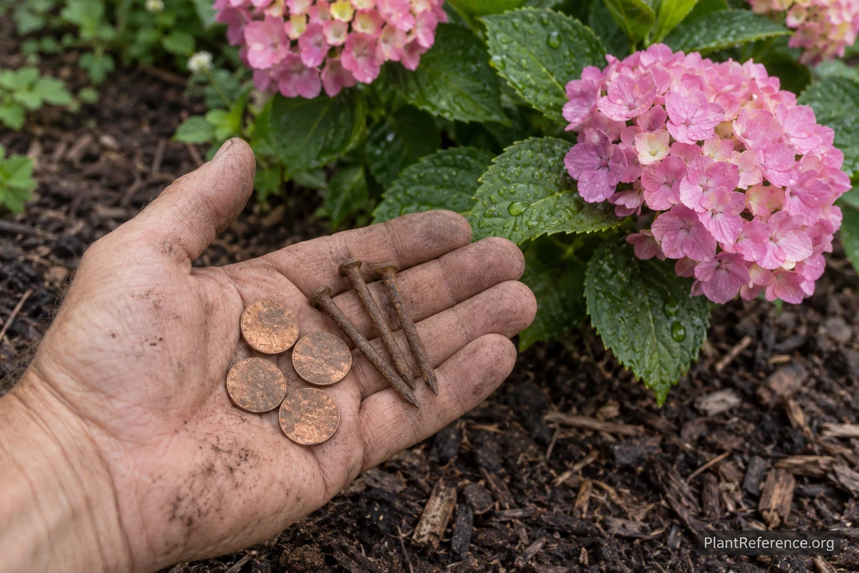 Pennies and nails held beside a pink hydrangea to show a common color myth