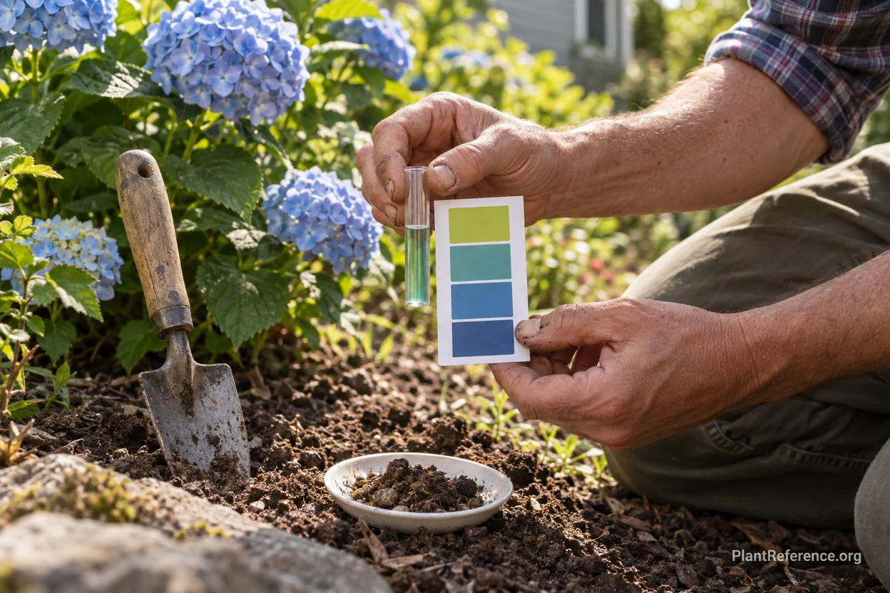 Gardener testing soil pH in a hydrangea bed with a test kit
