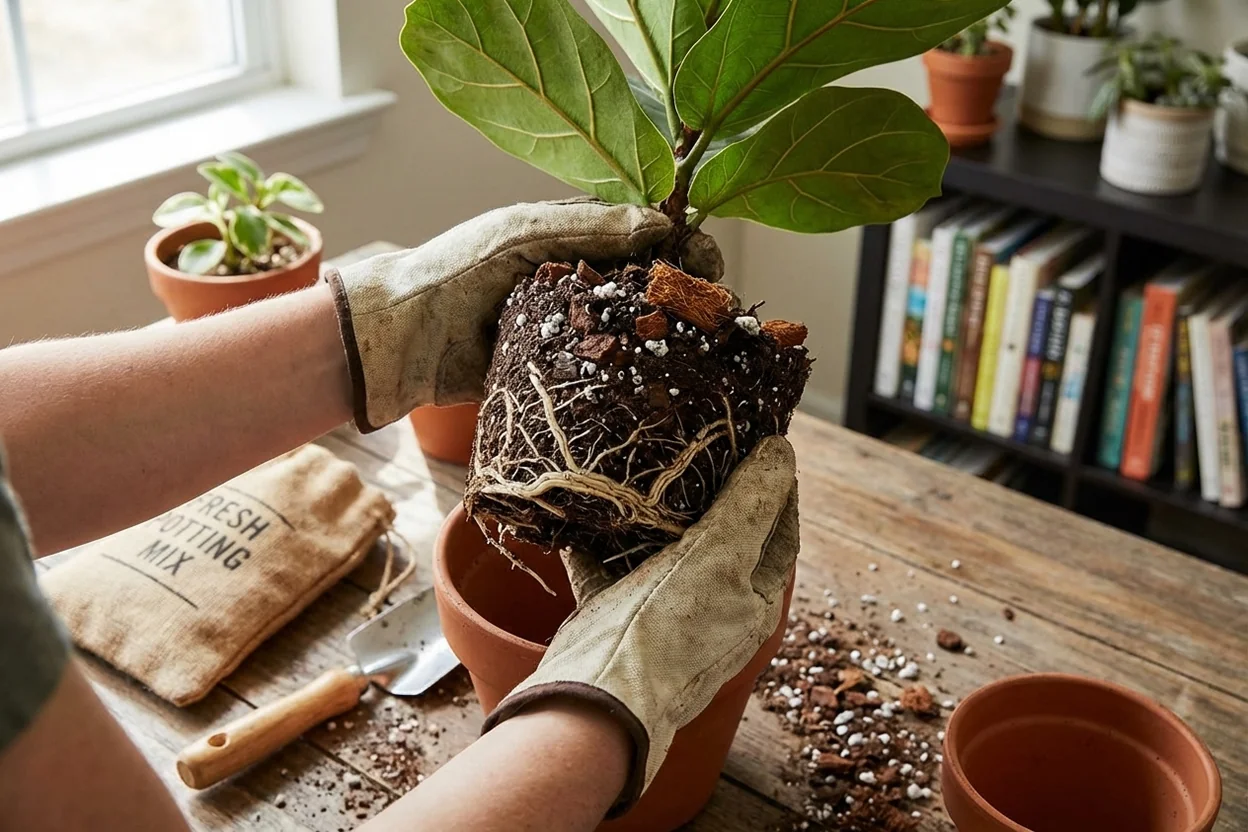 Healthy white fiddle leaf fig roots in well-draining soil showing proper root development