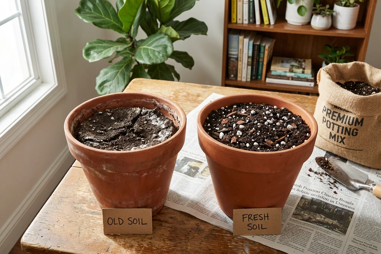Comparison of compacted old fiddle leaf fig soil versus fresh well-draining new soil mix