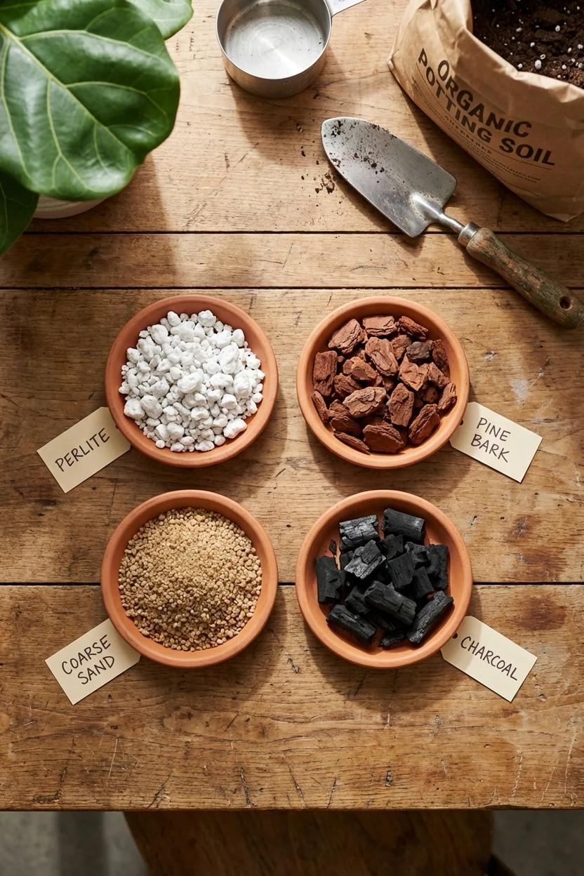 Comparison of fiddle leaf fig soil components including perlite, pine bark, sand, and charcoal
