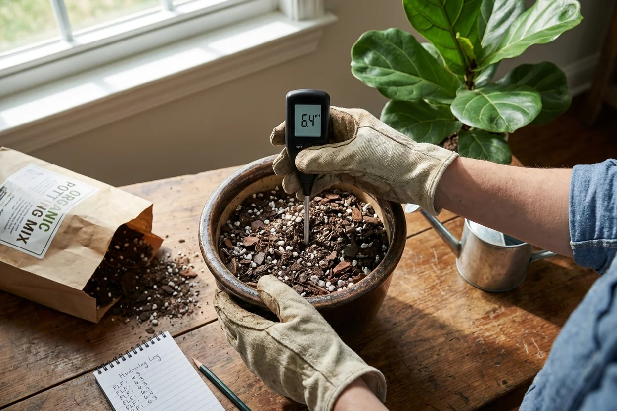 Testing fiddle leaf fig soil pH with digital meter showing optimal reading