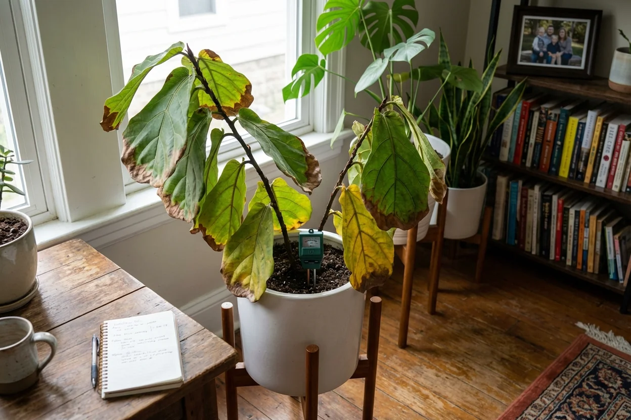 Fiddle leaf fig displaying symptoms of improper soil including brown tips and yellowing leaves