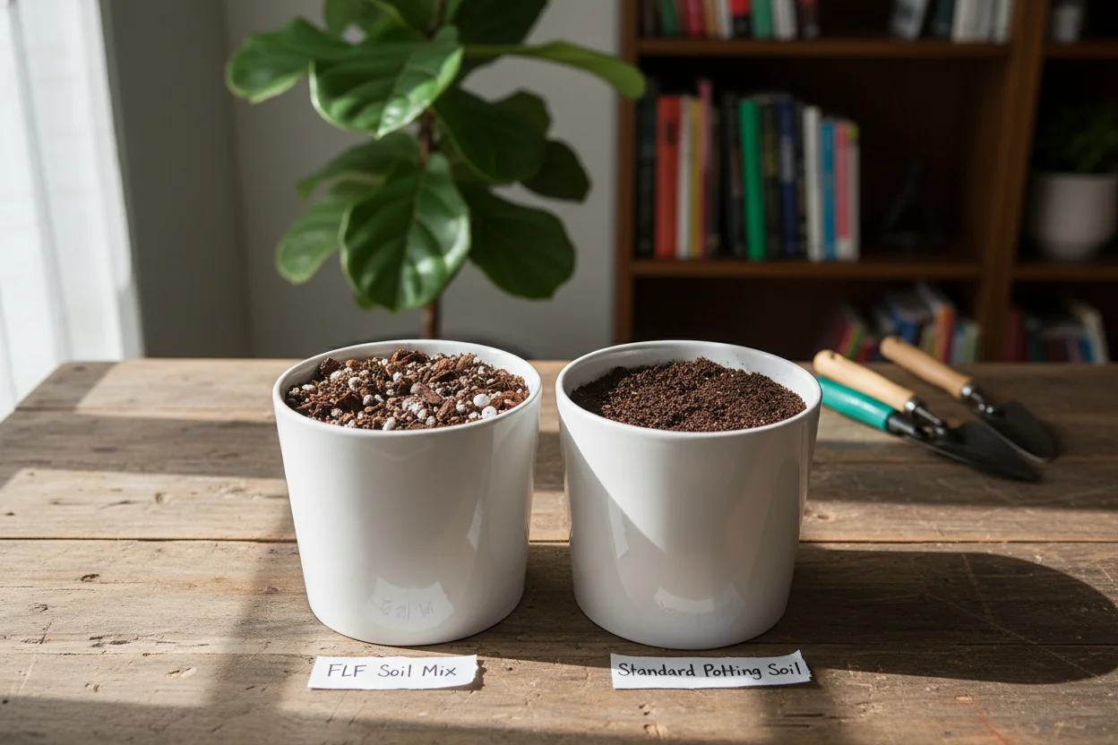 Visual comparison of proper fiddle leaf fig soil versus standard potting soil showing texture differences