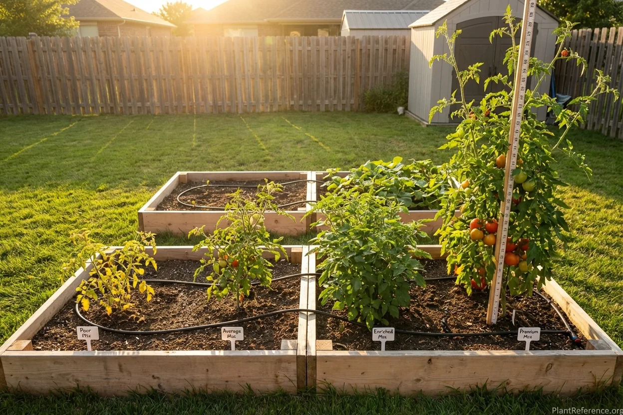 Tomato plants showing different growth rates based on soil mix quality