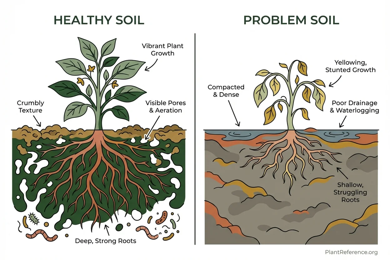Side-by-side comparison of healthy raised bed soil versus compacted problematic soil