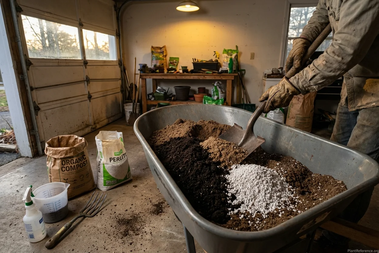 Proper technique for hand-mixing raised bed soil components in wheelbarrow