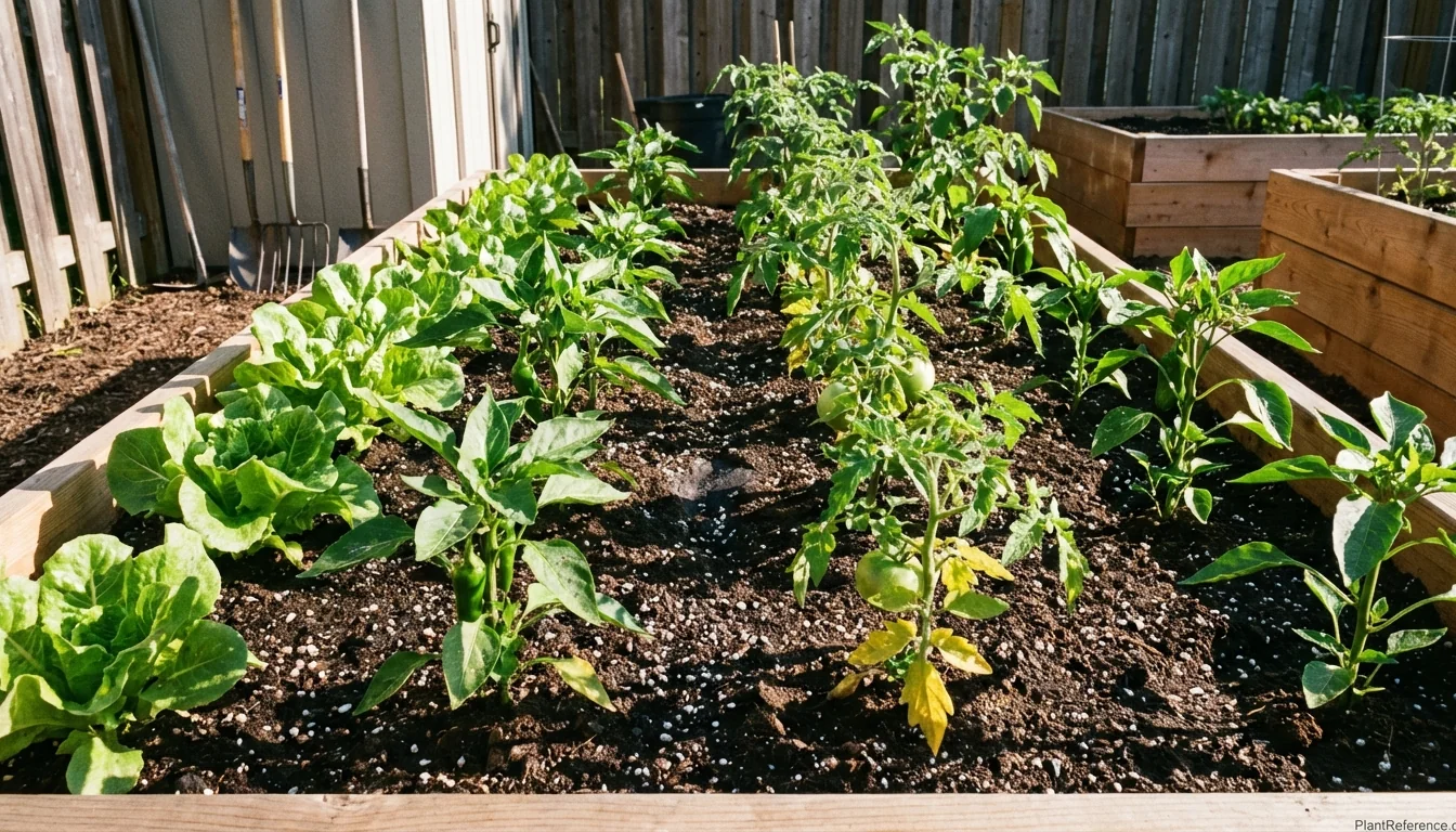 Perfect raised bed soil mix supporting thriving vegetable garden with rich dark soil