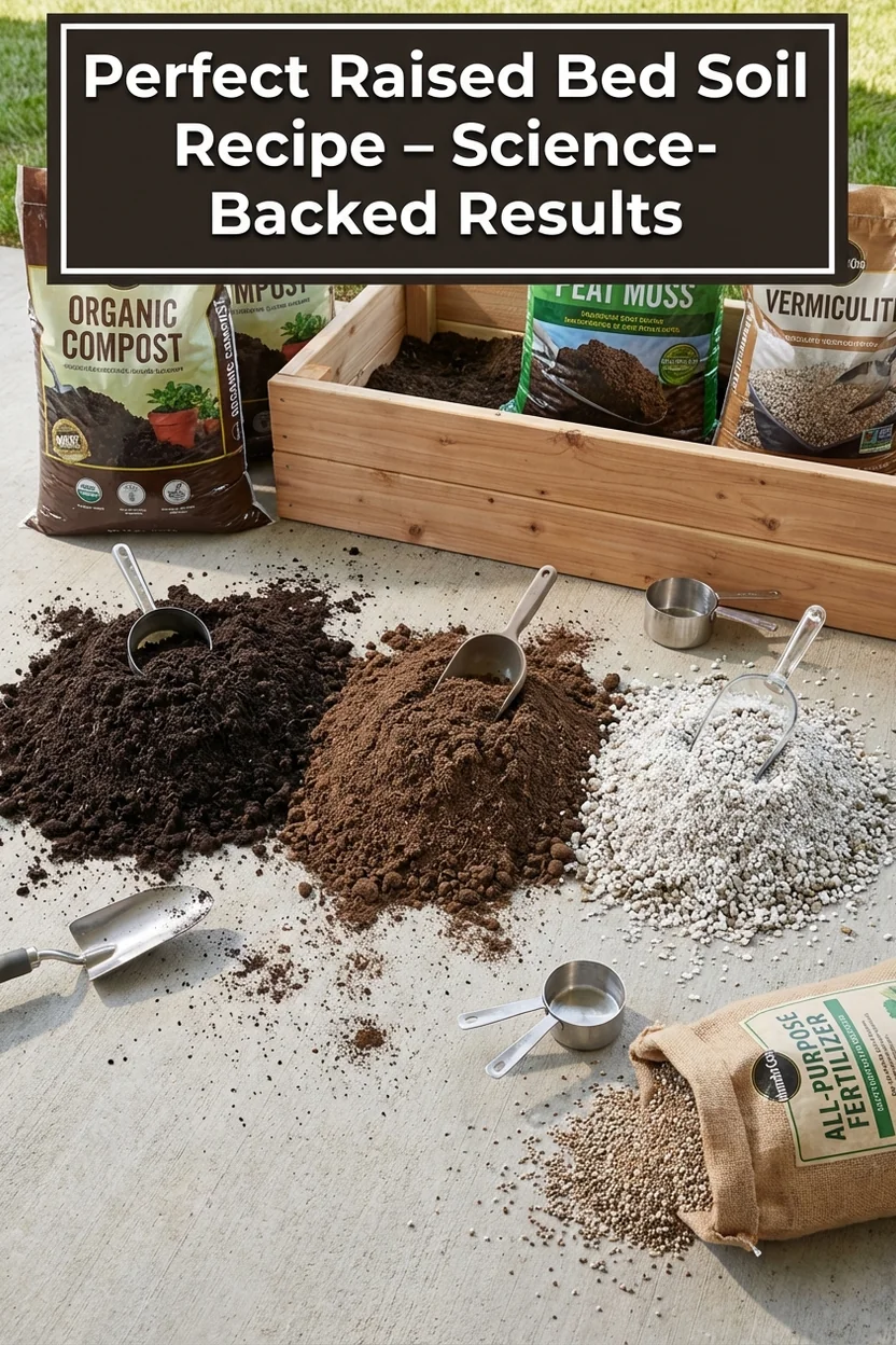 Raised bed soil mixing guide with ingredient ratios and growing tips
