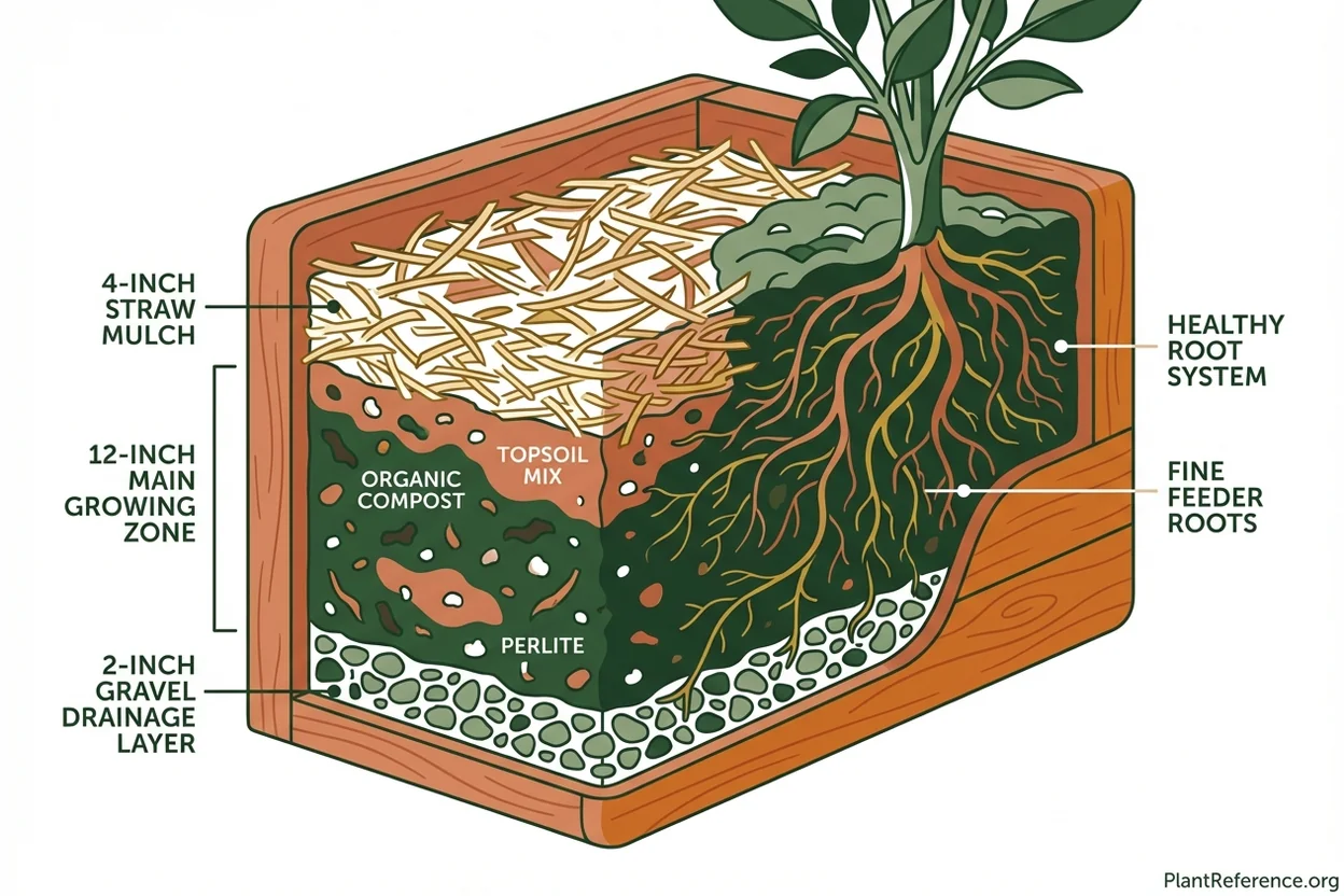 Cross-section of raised bed showing proper soil mix with drainage, compost, and root zone layers
