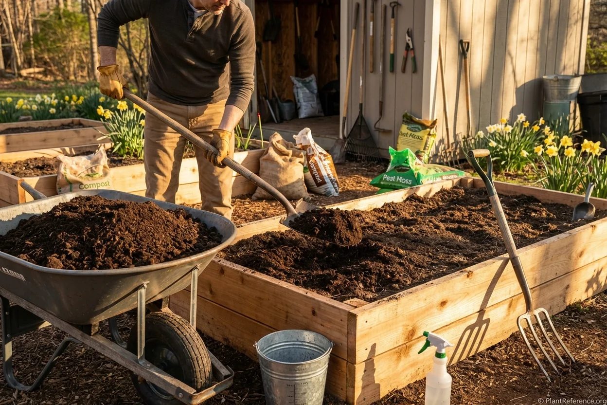 Adding compost layer to raised bed soil for spring garden preparation