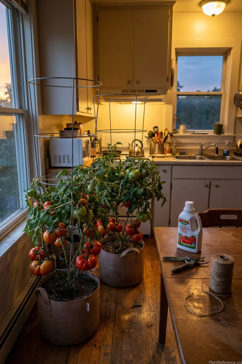 Large slicing tomato varieties showing heavy fruit production in 15-gallon containers with cages