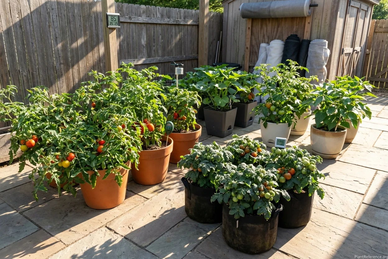 Different tomato varieties showing adaptation to various growing conditions in containers