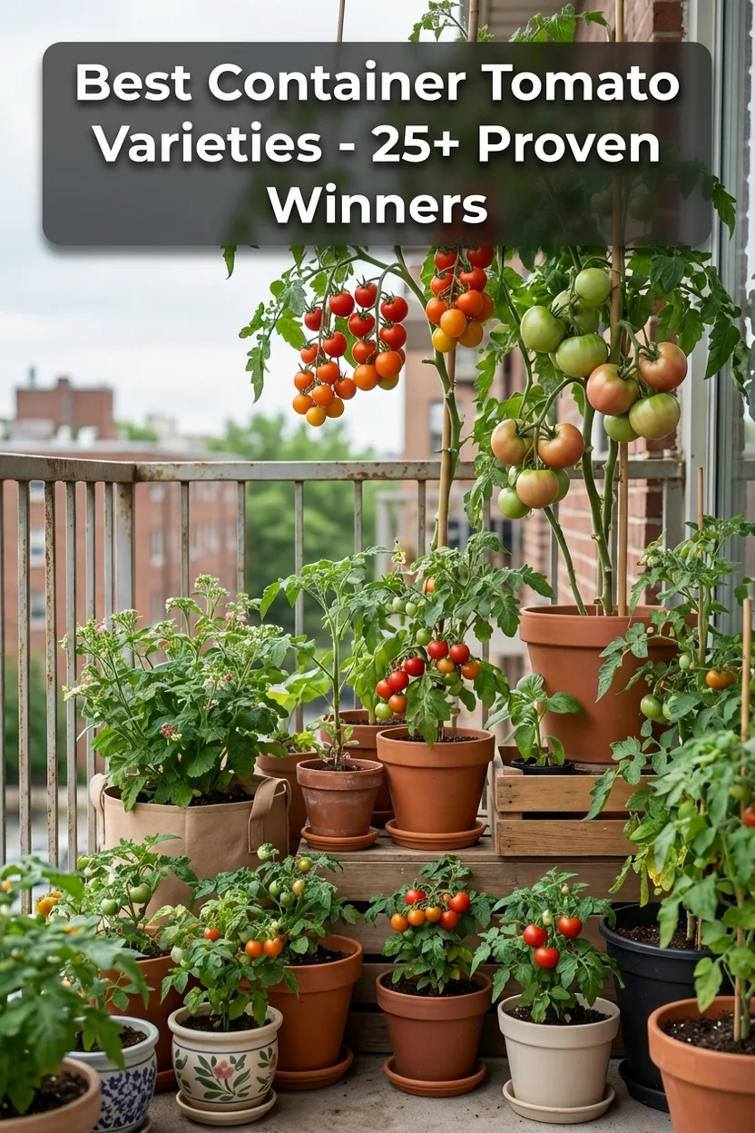 Pinterest pin showing best tomato varieties for containers with variety names and photos