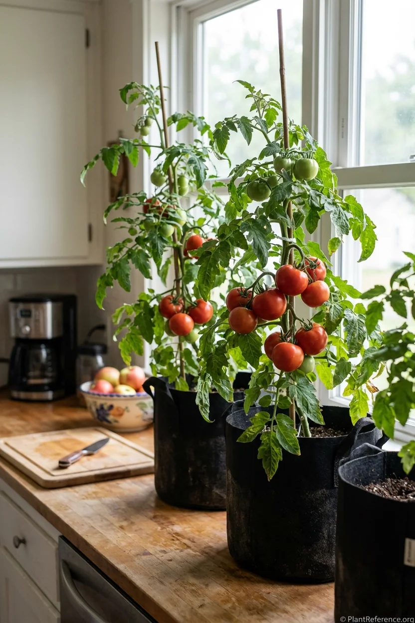 Productive determinate tomato plants showing heavy fruit clusters in fabric grow bags