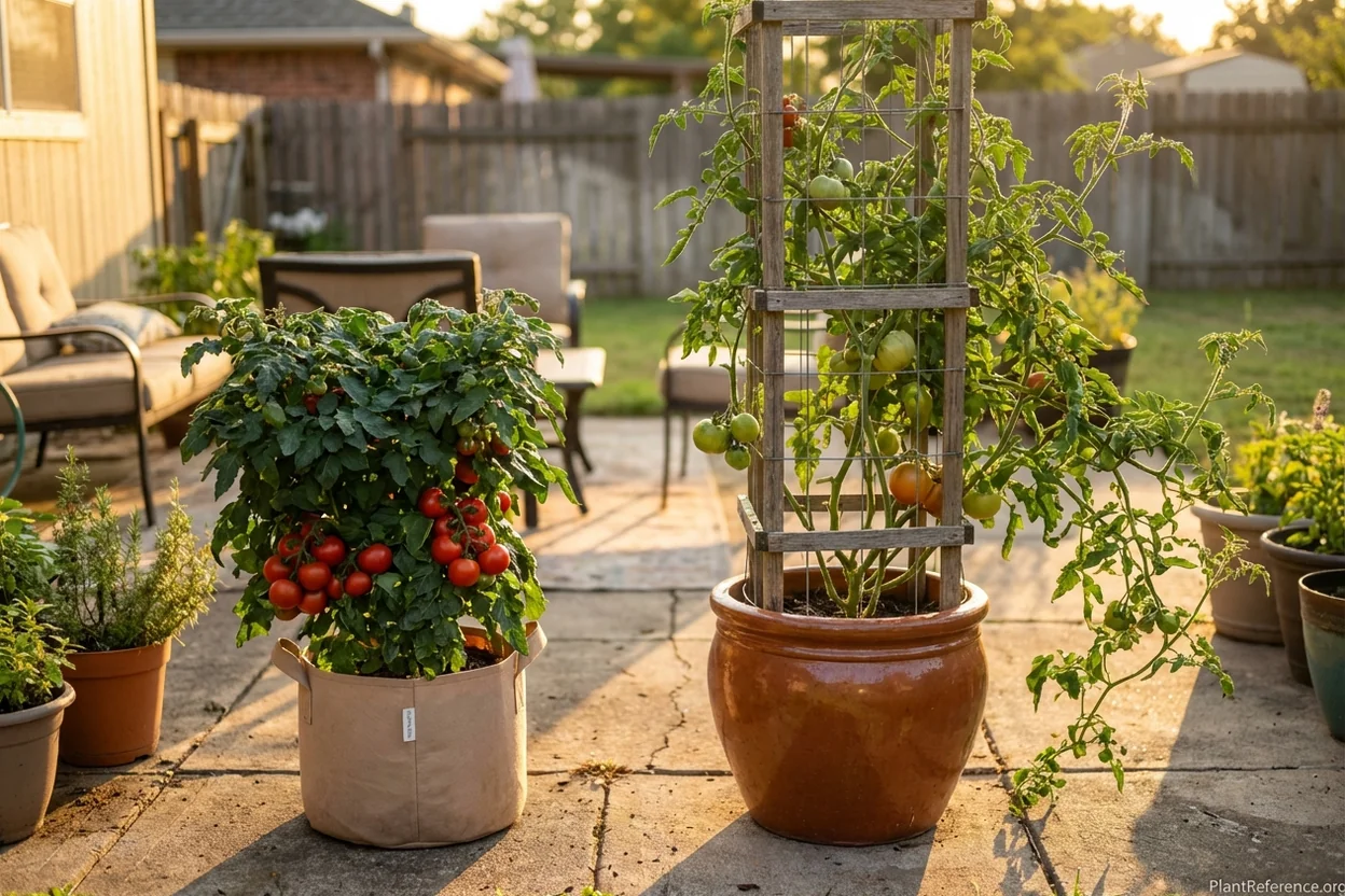 Comparison showing compact determinate tomato plant next to tall indeterminate variety in containers