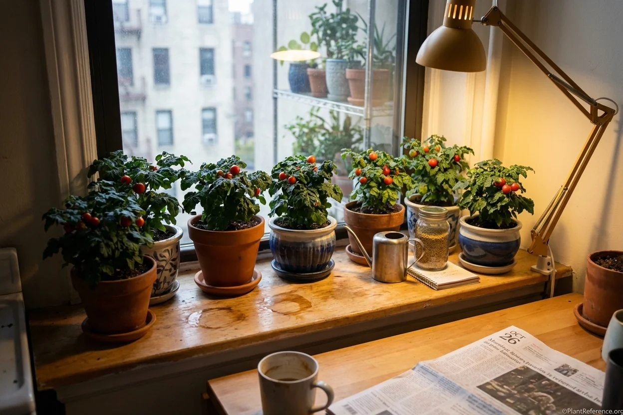 Small compact tomato plants with fruit growing in decorative pots on sunny windowsill