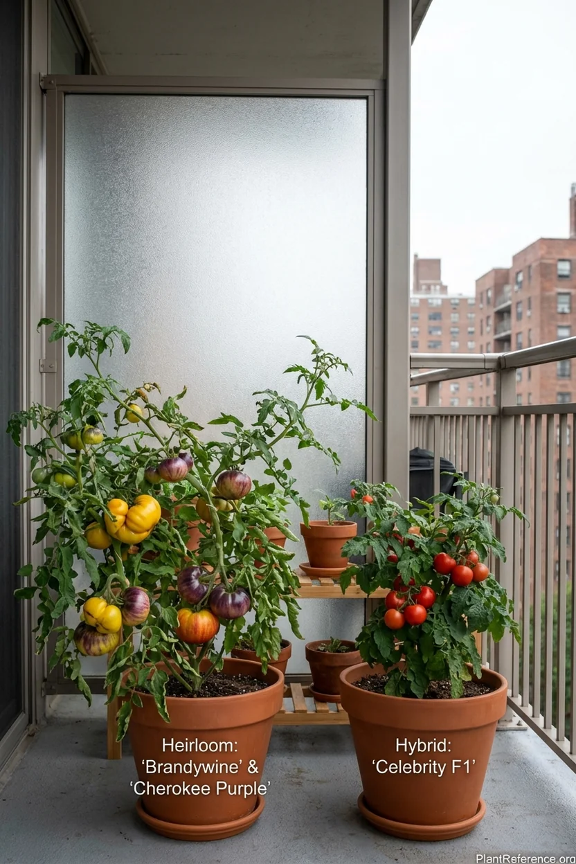 Comparison showing heirloom and hybrid tomato plants with different fruit characteristics in containers