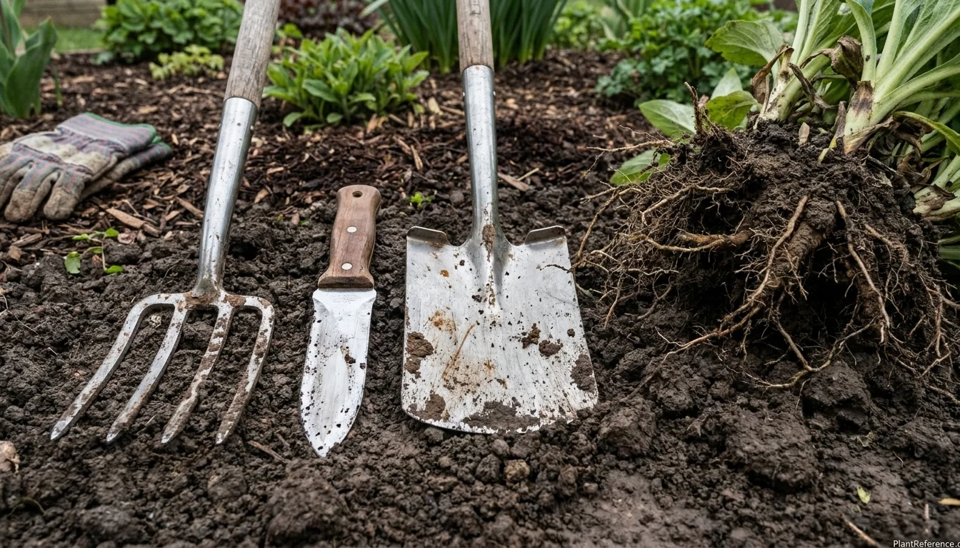 Digging fork hori-hori knife and border spade laid out beside a lifted perennial clump for dividing