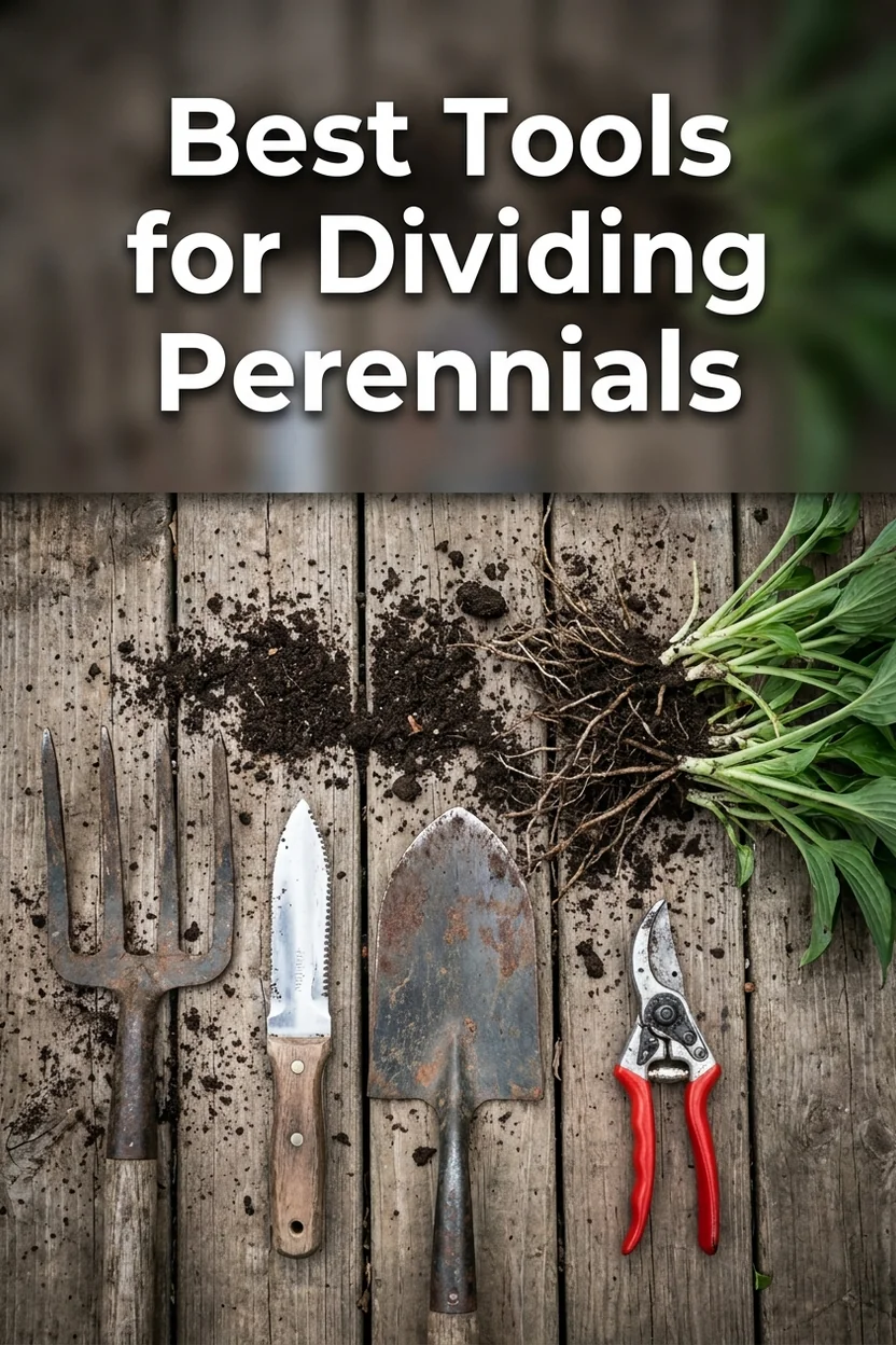 Perennial division tools including fork knife and spade arranged vertically on a wooden potting bench