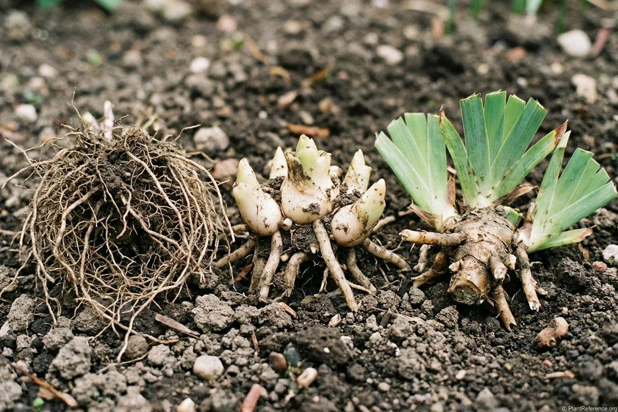 Fibrous roots clumping crown and iris rhizome compared side by side on soil for dividing