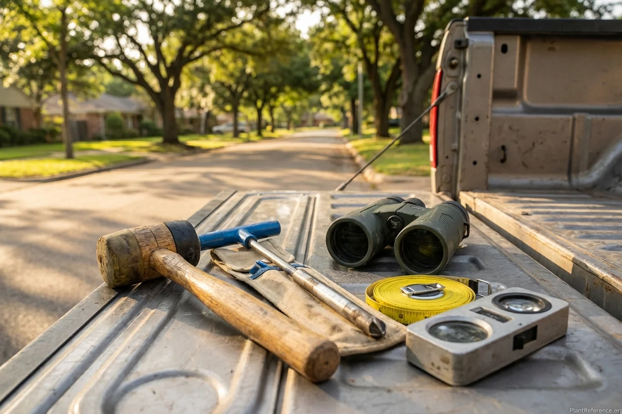 Basic arborist assessment toolkit with sounding mallet increment borer binoculars and tape