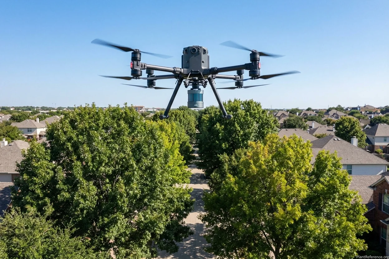 DJI drone with LiDAR sensor flying over urban tree canopy for large-scale assessment