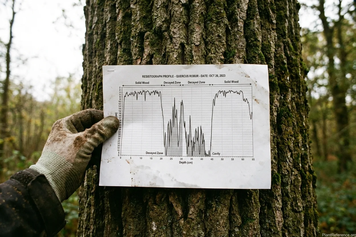 Resistograph resistance profile showing normal wood and internal decay zones in tree trunk