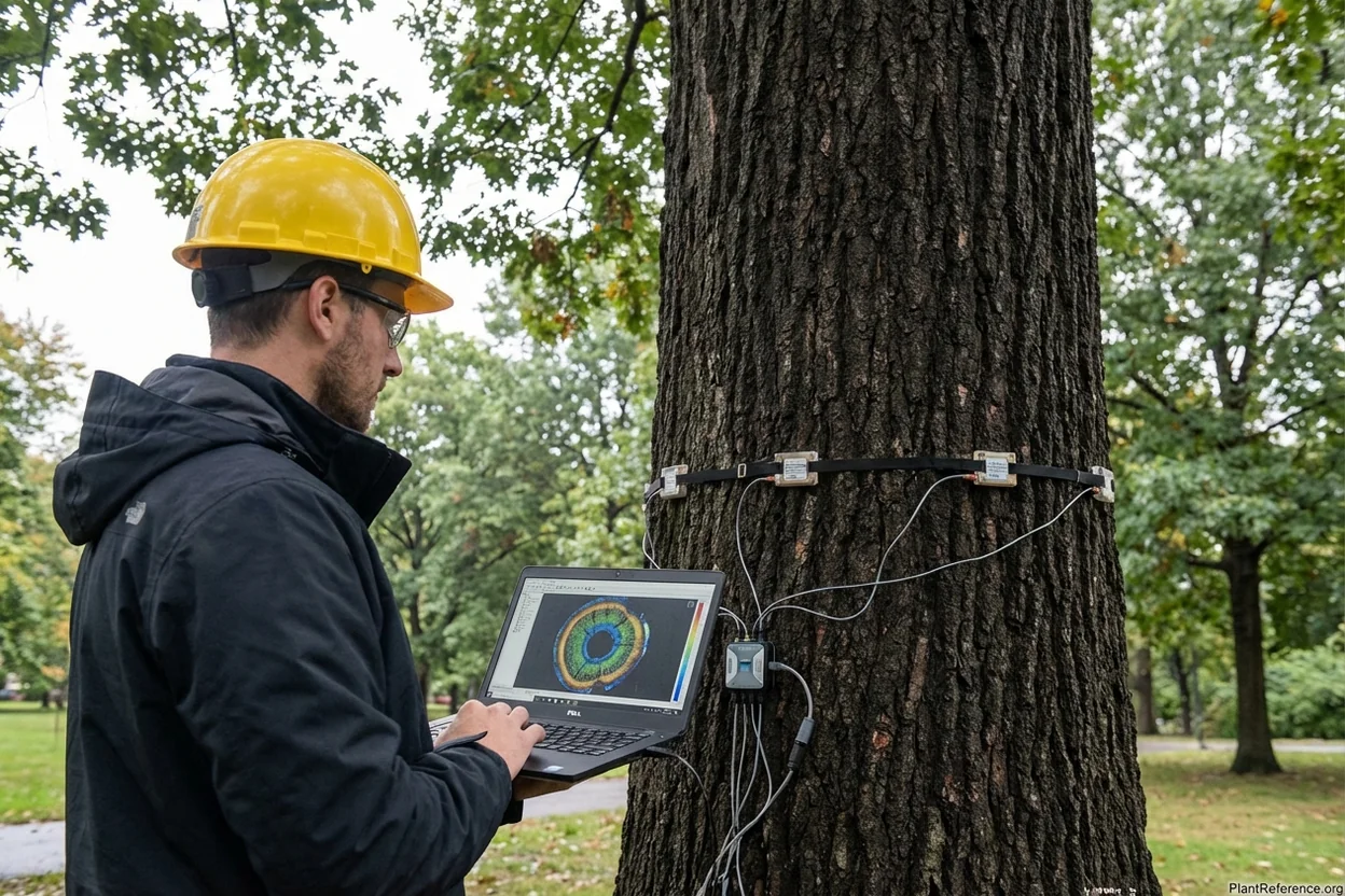 Sonic tomograph sensors mounted around tree trunk circumference producing cross-sectional image