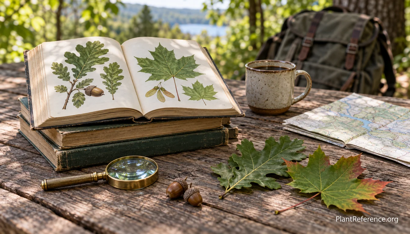 Best tree identification field guides for North America stacked beside oak leaves and a hand lens