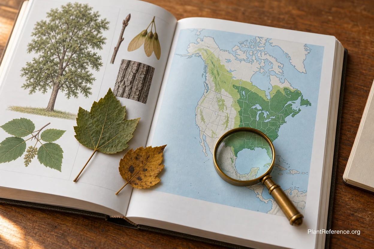 Regional tree field guide open to a range map beside a hand lens and pressed leaves