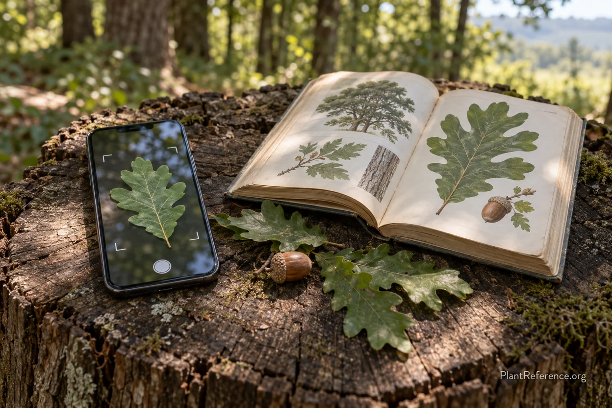 Smartphone plant identification app next to an open tree field guide on a tree stump