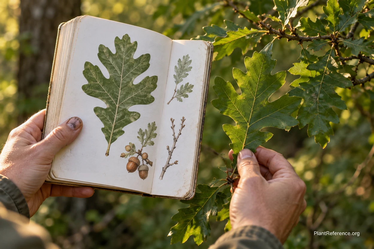Hands holding a tree field guide comparing an illustrated plate to a real oak leaf in the forest