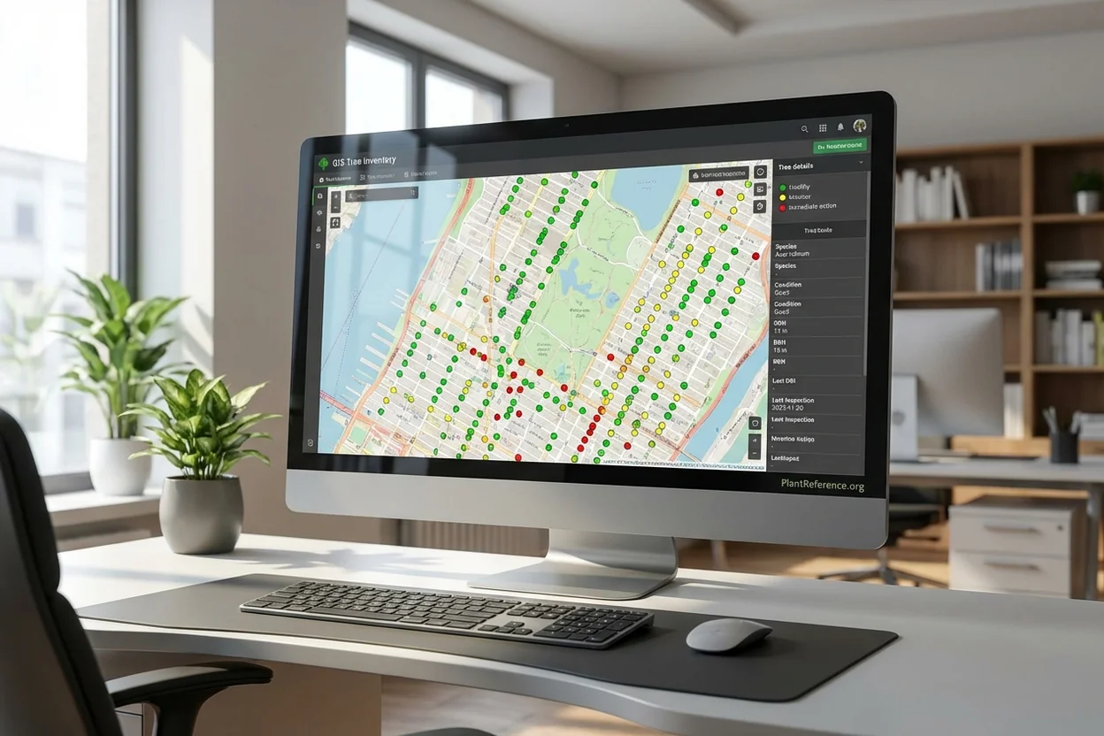 Tree inventory software GIS dashboard showing color-coded tree health markers on city map