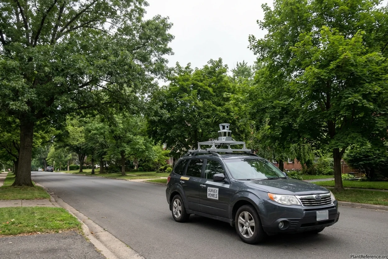 Vehicle-mounted mobile LiDAR system scanning urban street trees for digital tree inventory