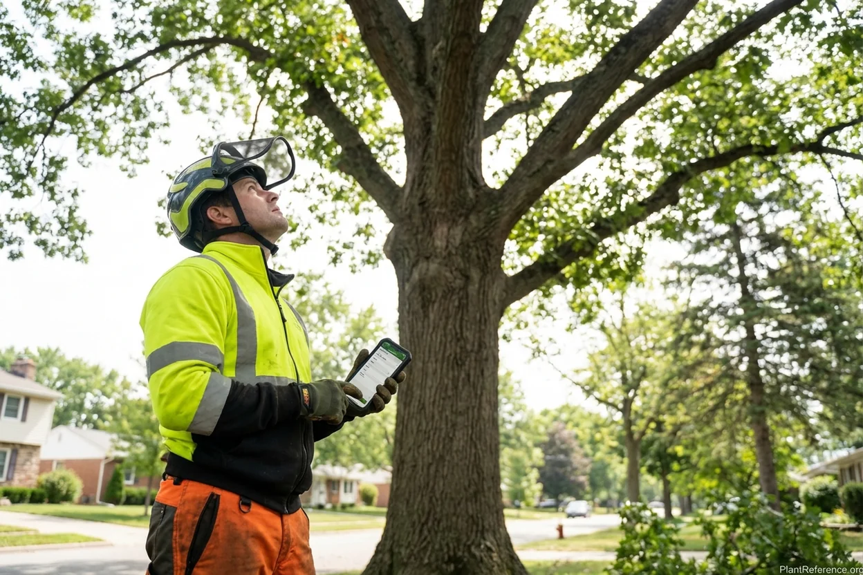 Arborist using mobile tree inventory app for field data collection during tree assessment