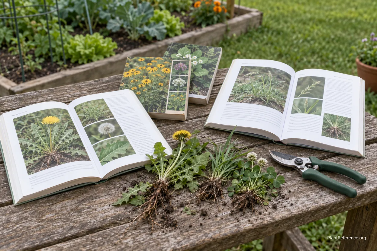 Several weed identification books spread out on a garden bench for homeowner comparison