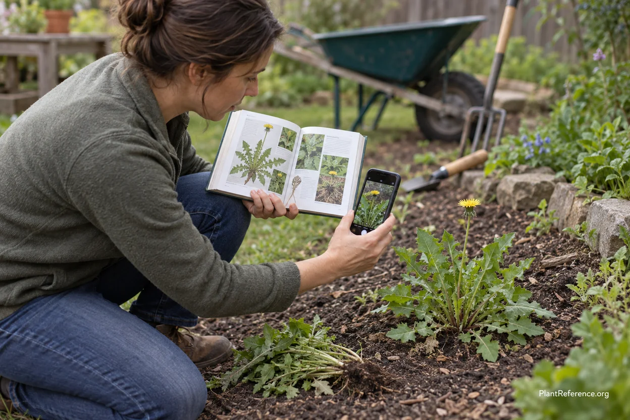 Homeowner comparing a phone plant app with a weed identification book while kneeling in a garden