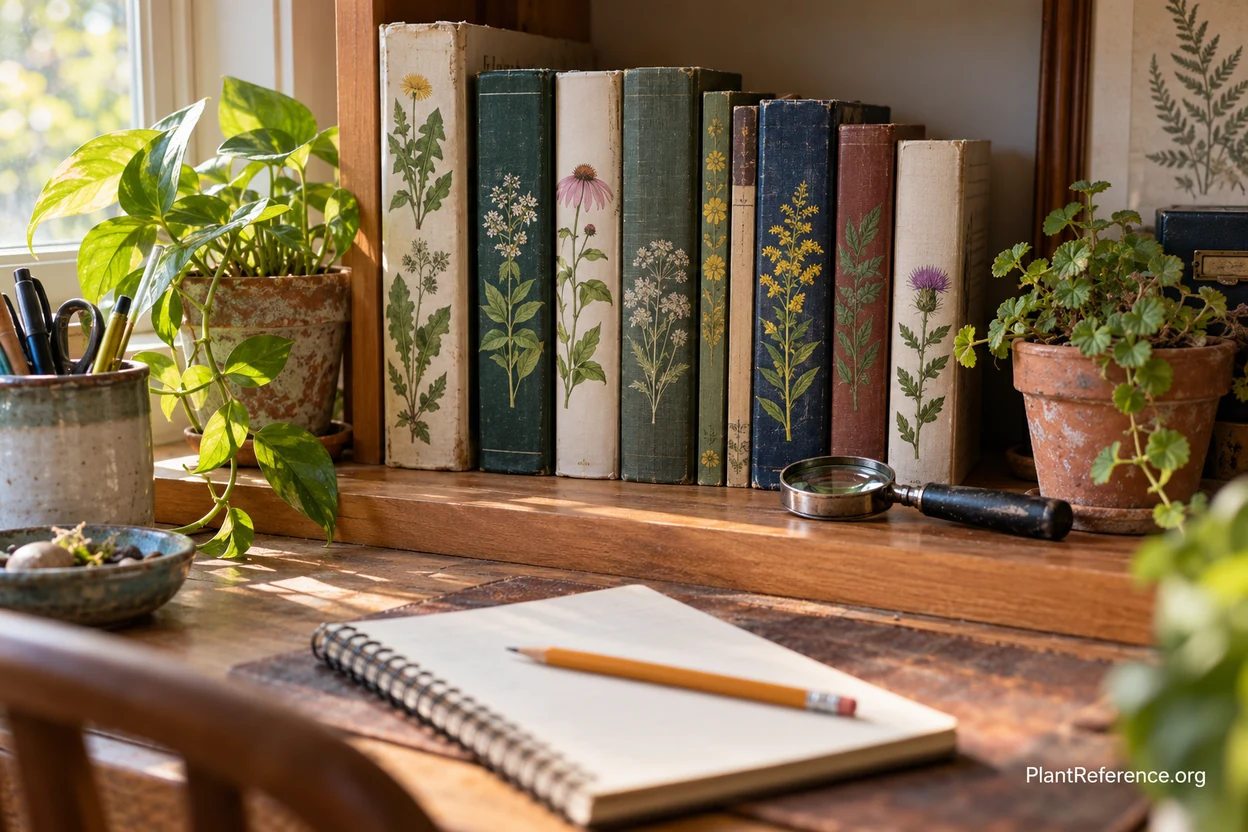A shelf of weed and plant identification reference books organized for a homeowner's garden library