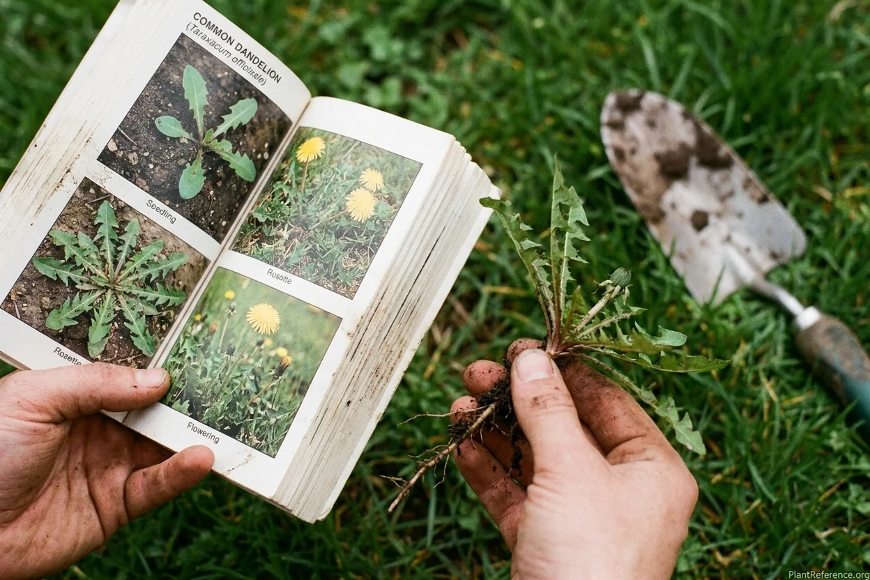Weed identification book open to a page showing a lawn weed at seedling and mature stages