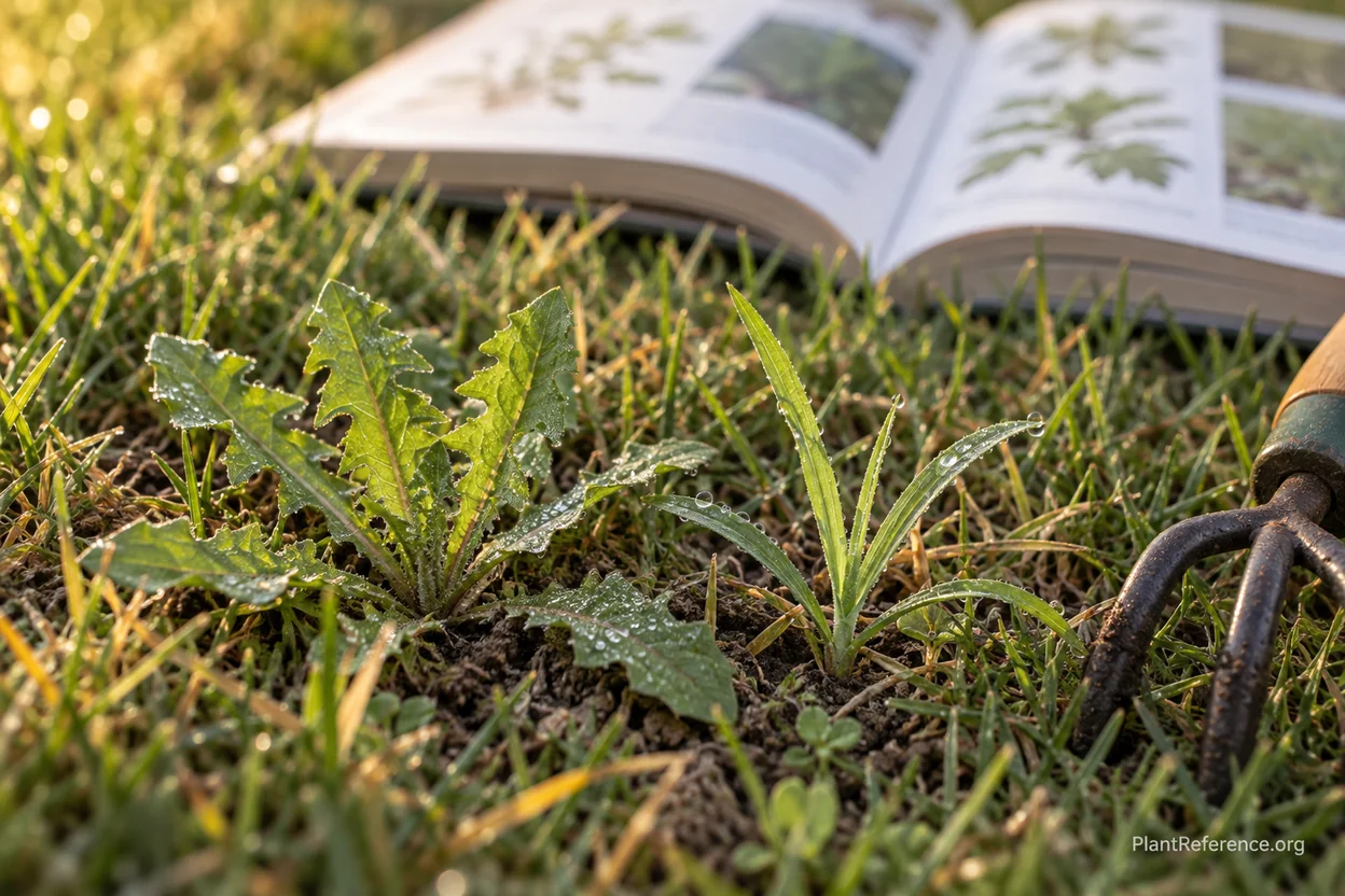 Close-up of young weed seedlings in a lawn beside a weed identification book for comparison