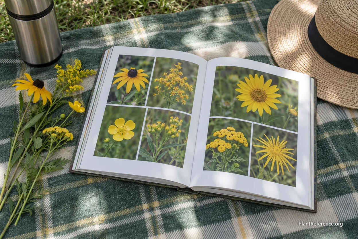 Photo-based wildflower field guide open to a page showing color photographs of yellow wildflowers