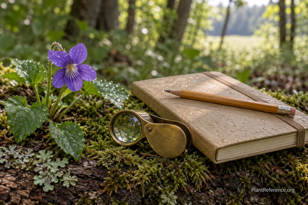 A botanical hand lens and weatherproof field notebook beside a wildflower for identification