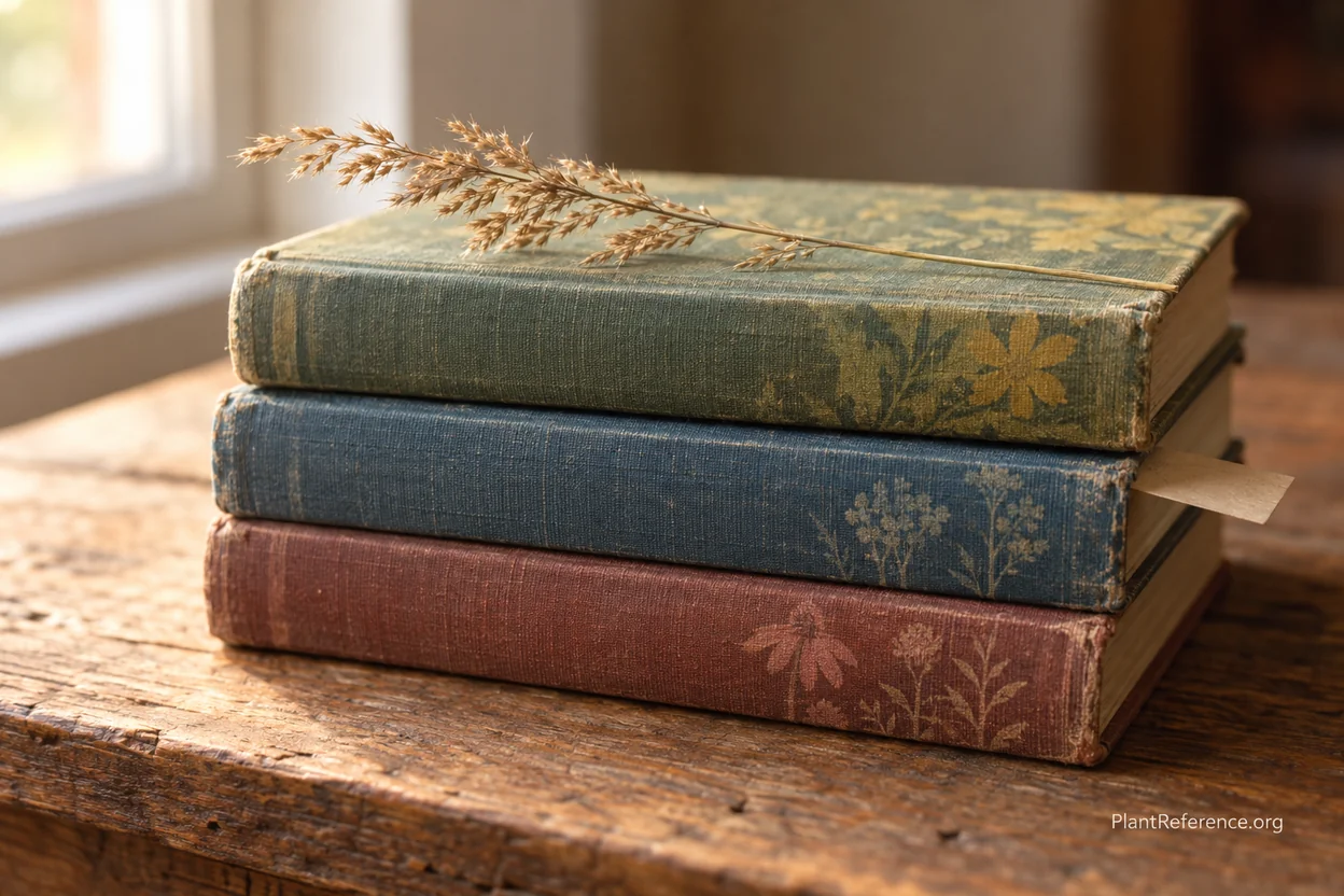 A stack of regional wildflower field guides for different parts of North America on a wooden table